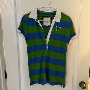 American Eagle Outfitters Blue and Green Striped Polo